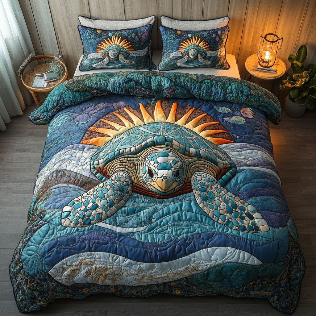 Ocean Serenity quilted 3-piece bedding set on a made bed in a light coastal bedroom