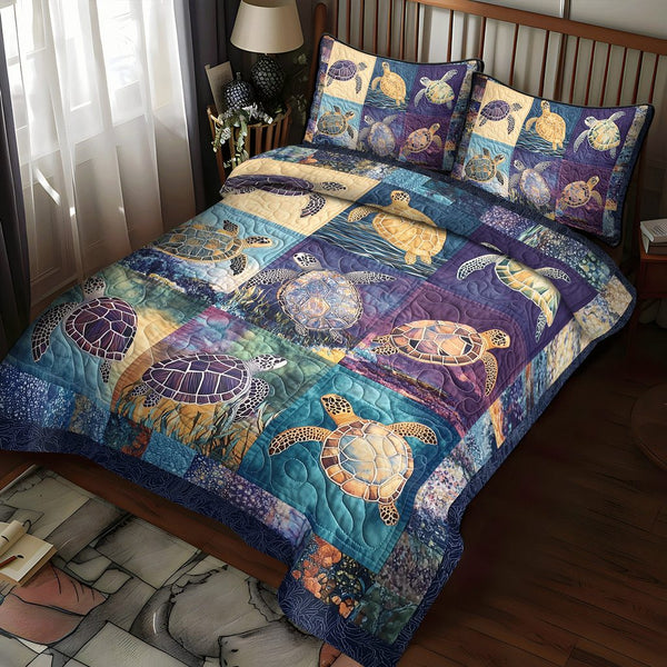 Ocean Serenity quilted 3-piece bedding set on a made bed in a light coastal bedroom