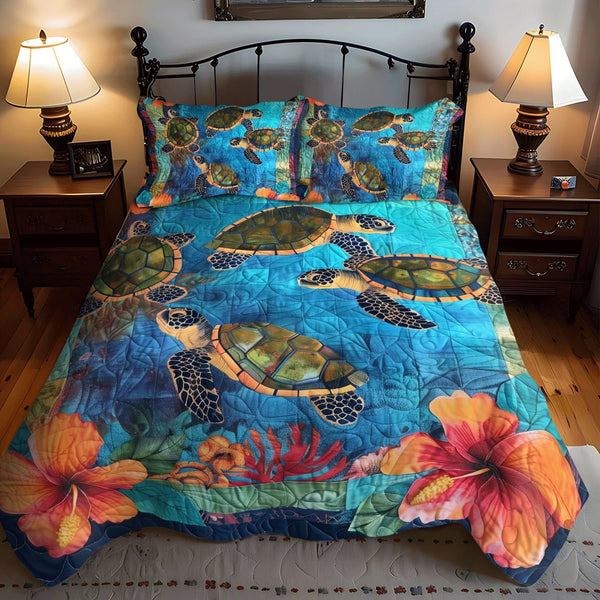 Ocean Serenity quilted 3-piece bedding set on a made bed in a light coastal bedroom