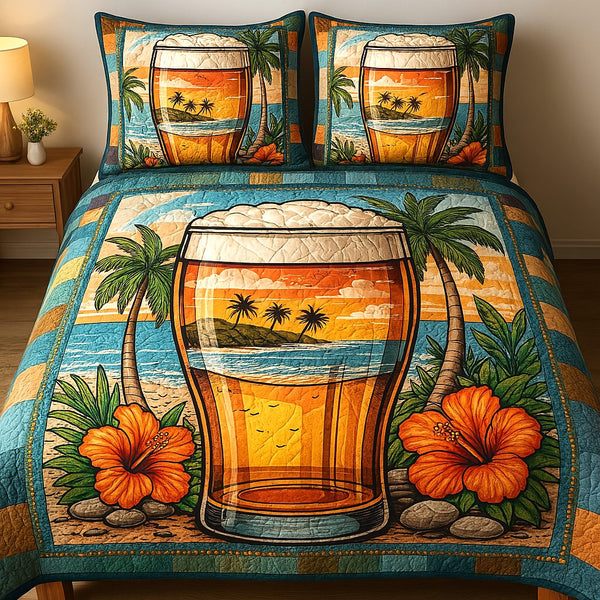 Ocean Serenity quilted 3-piece bedding set on a made bed in a light coastal bedroom