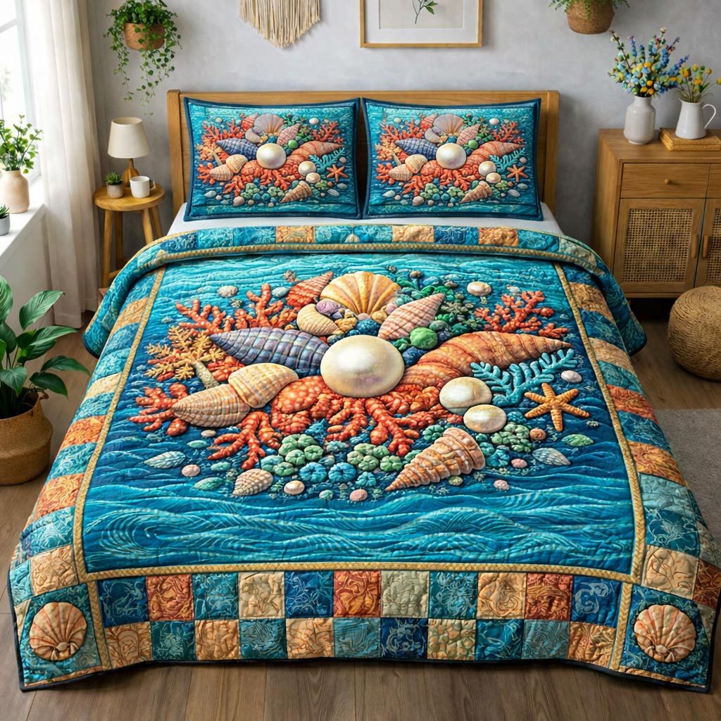 Ocean Shells quilted 3-piece bedding set on a made bed in a light coastal bedroom
