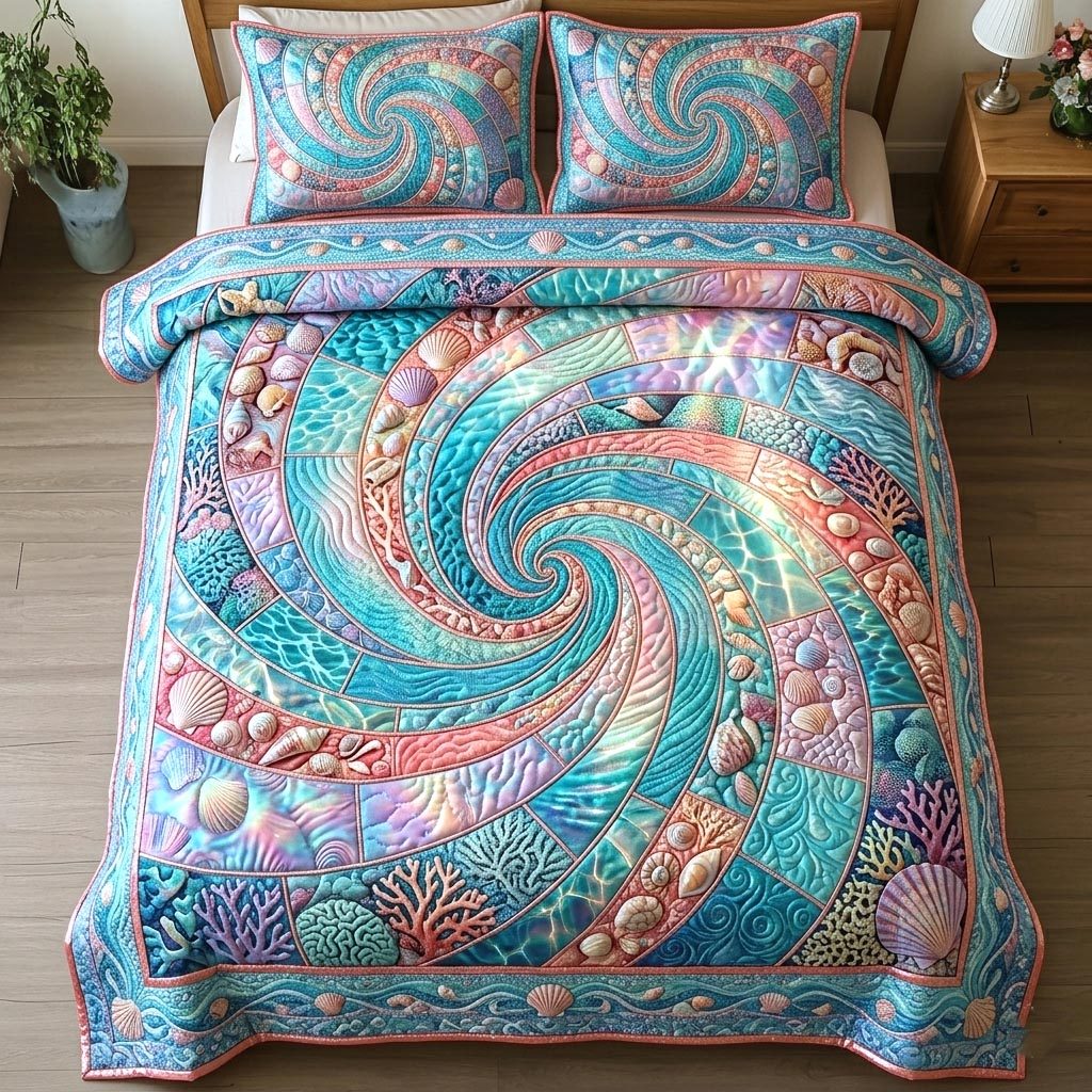 Ocean Shells quilted 3-piece bedding set on a made bed in a light coastal bedroom