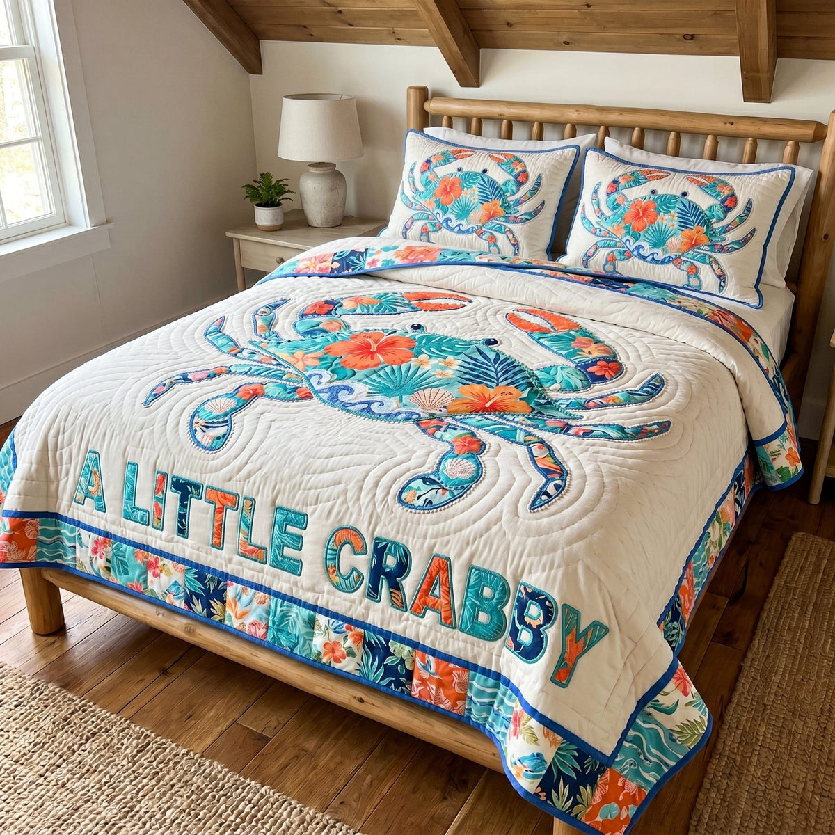 Ocean Soul quilted 3-piece bedding set on a made bed in a light coastal bedroom