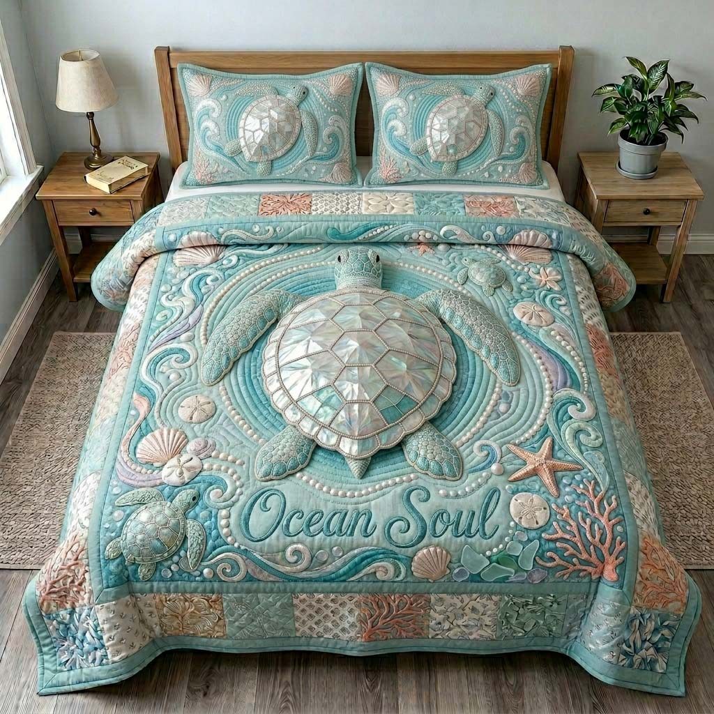 Ocean Soul Turtle quilted 3-piece bedding set on a made bed in a light coastal bedroom