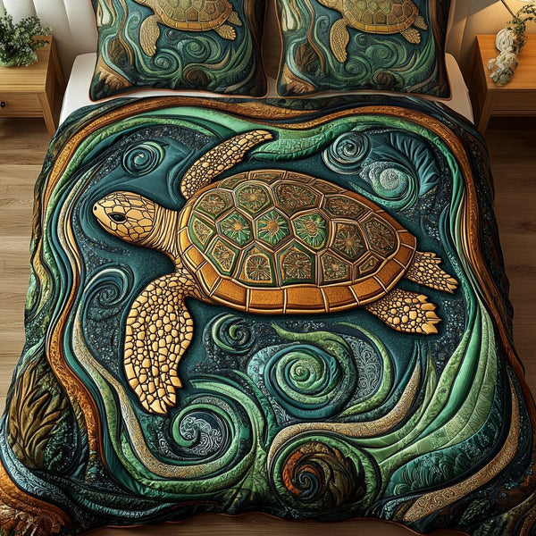 Ocean Spirit quilted 3-piece bedding set on a made bed in a light coastal bedroom