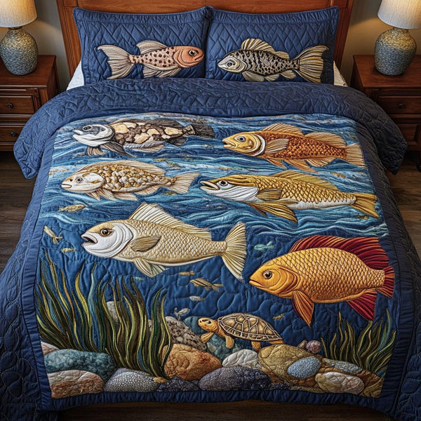 Ocean Splash quilted 3-piece bedding set on a made bed in a light coastal bedroom