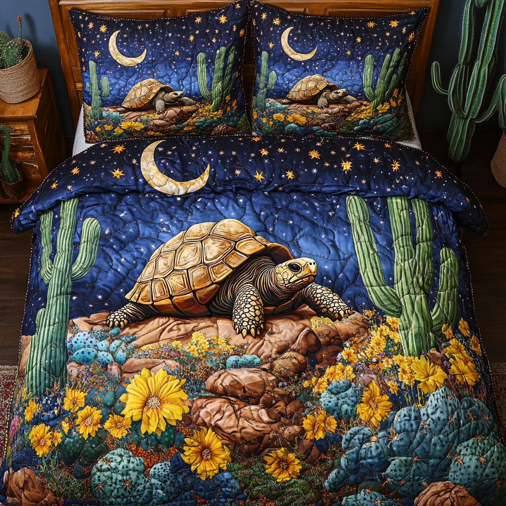 Ocean Stepper quilted 3-piece bedding set on a made bed in a light coastal bedroom