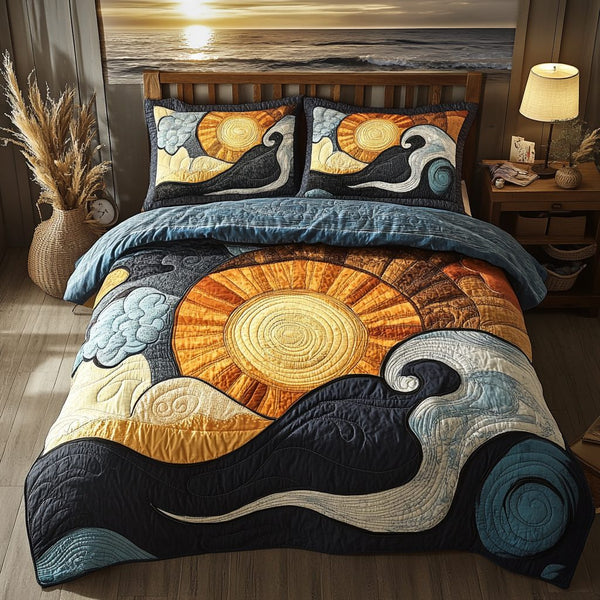 Ocean Sunrise Comfort quilted 3-piece bedding set on a made bed in a light coastal bedroom