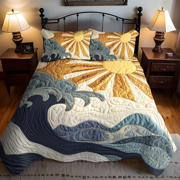 Ocean Sunrise quilted 3-piece bedding set on a made bed in a light coastal bedroom