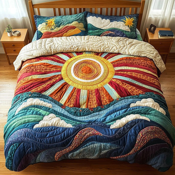 Ocean Sunrise quilted 3-piece bedding set on a made bed in a light coastal bedroom