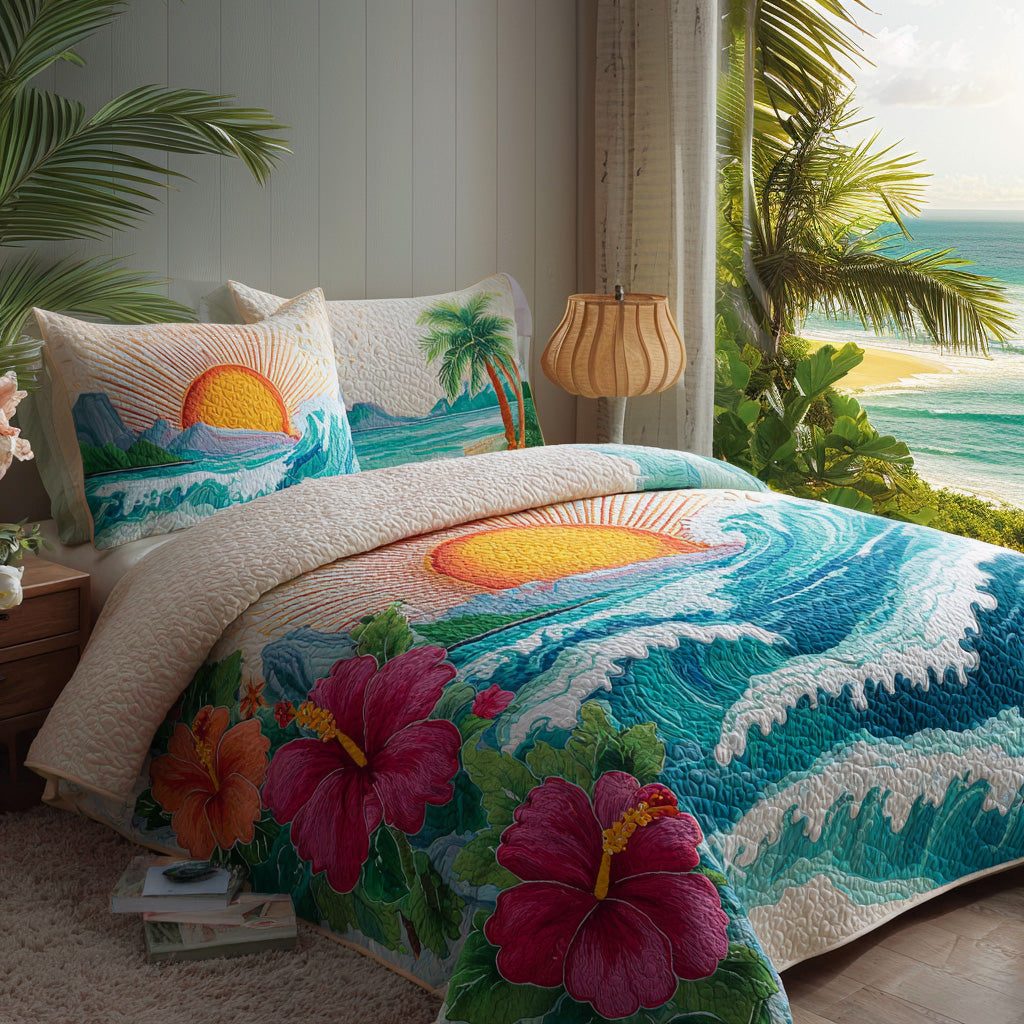 Ocean Sunset quilted 3-piece bedding set on a made bed in a light coastal bedroom
