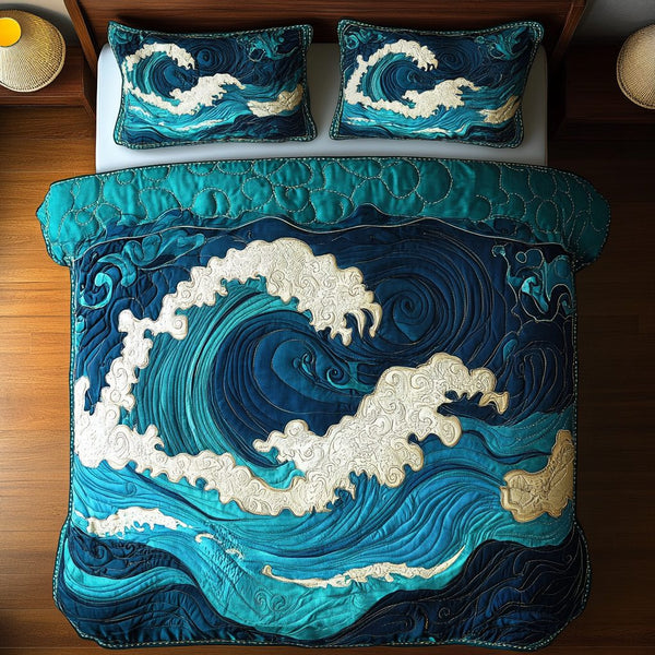 Ocean Surge quilted 3-piece bedding set on a made bed in a light coastal bedroom