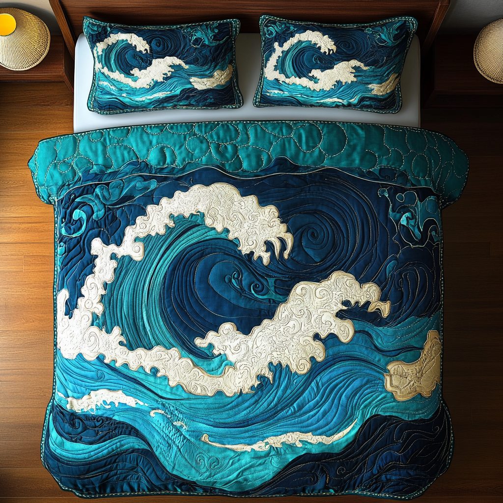 Ocean Surge quilted 3-piece bedding set on a made bed in a light coastal bedroom