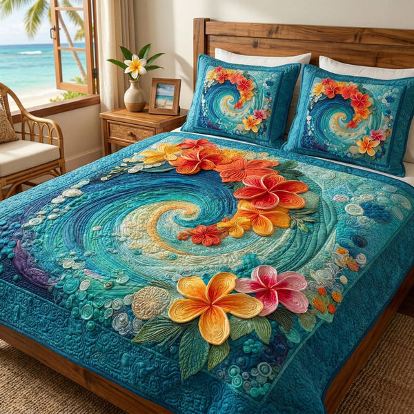 Ocean Swirl quilted 3-piece bedding set on a made bed in a light coastal bedroom