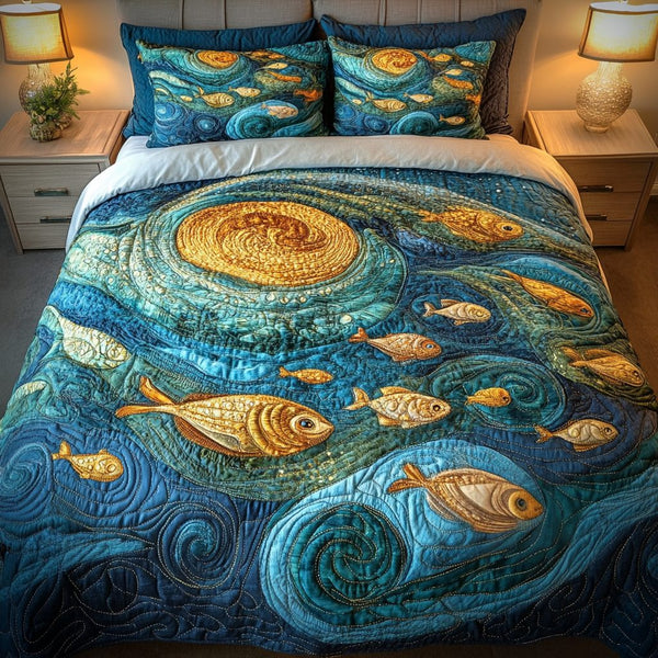 Ocean Swirl quilted 3-piece bedding set on a made bed in a light coastal bedroom