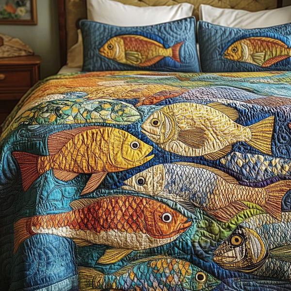 Ocean Symphony quilted 3-piece bedding set on a made bed in a light coastal bedroom
