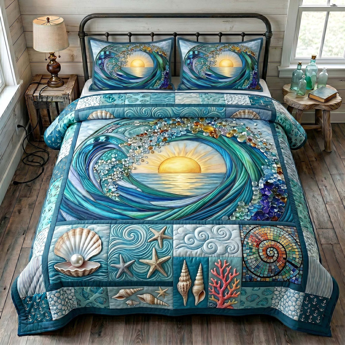 Ocean Tide quilted 3-piece bedding set on a made bed in a light coastal bedroom