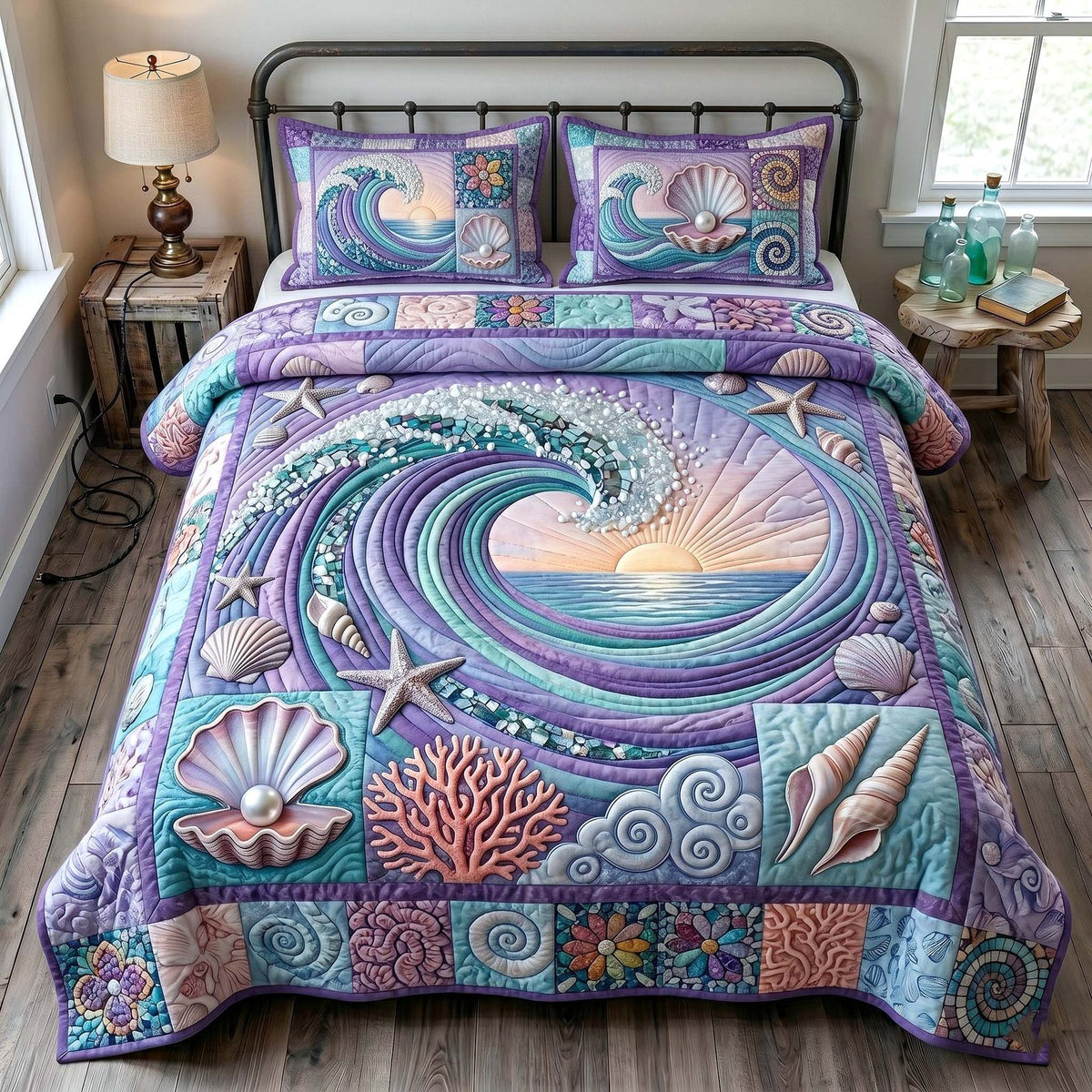 Ocean Tide quilted 3-piece bedding set on a made bed in a light coastal bedroom