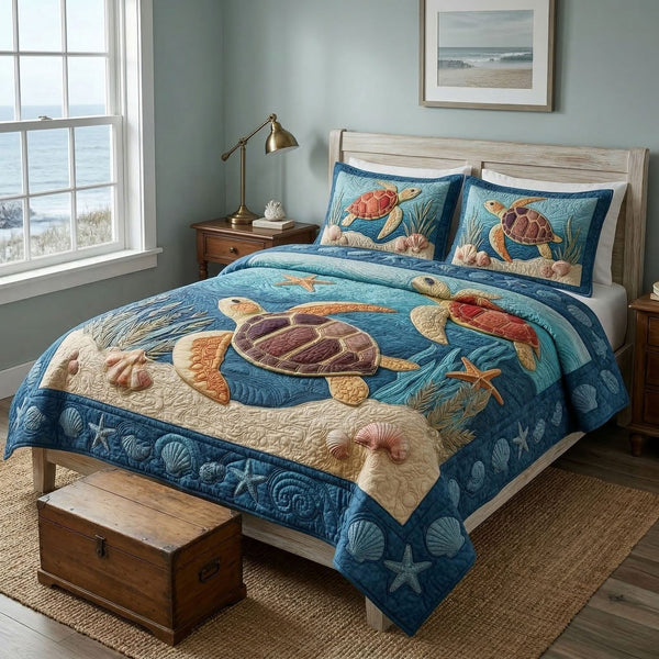 Ocean Turtle Breeze quilted 3-piece bedding set on a made bed in a light coastal bedroom