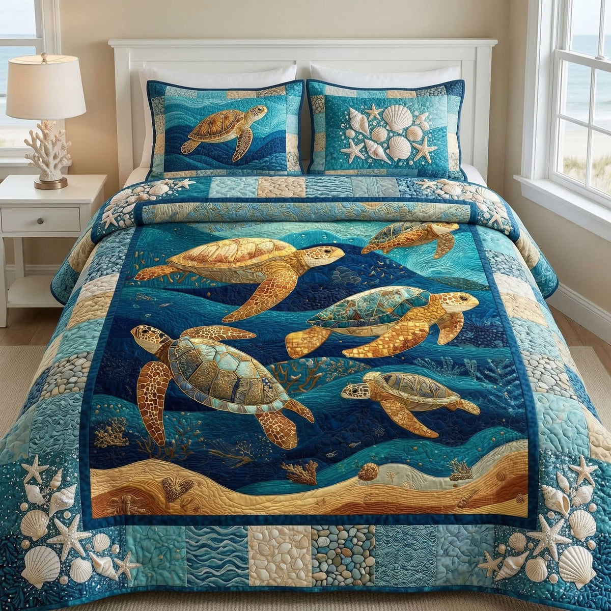 Ocean Turtle Harmony quilted 3-piece bedding set on a made bed in a light coastal bedroom