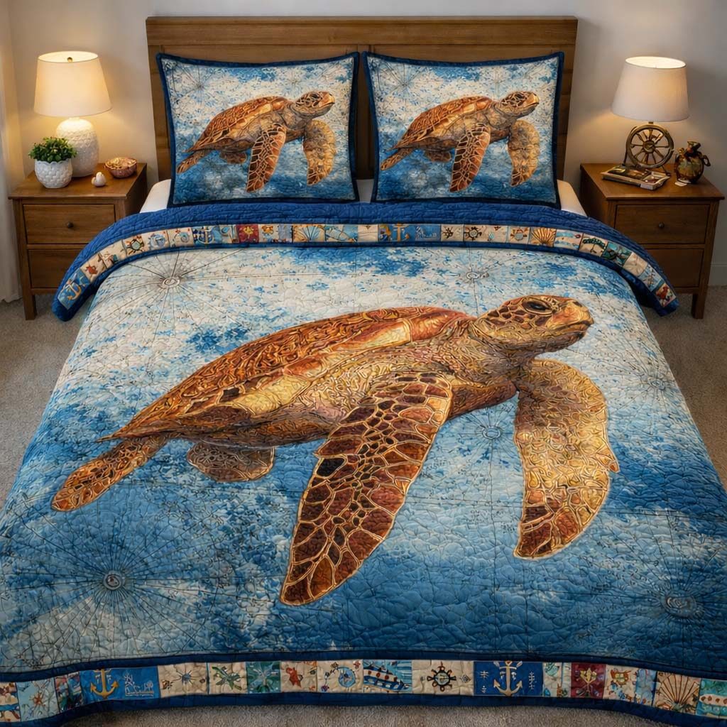 Ocean Turtle Journey quilted 3-piece bedding set on a made bed in a light coastal bedroom