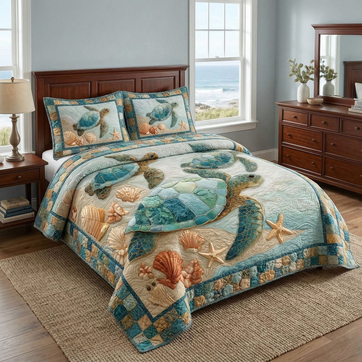 Ocean Turtle Journey quilted 3-piece bedding set on a made bed in a light coastal bedroom