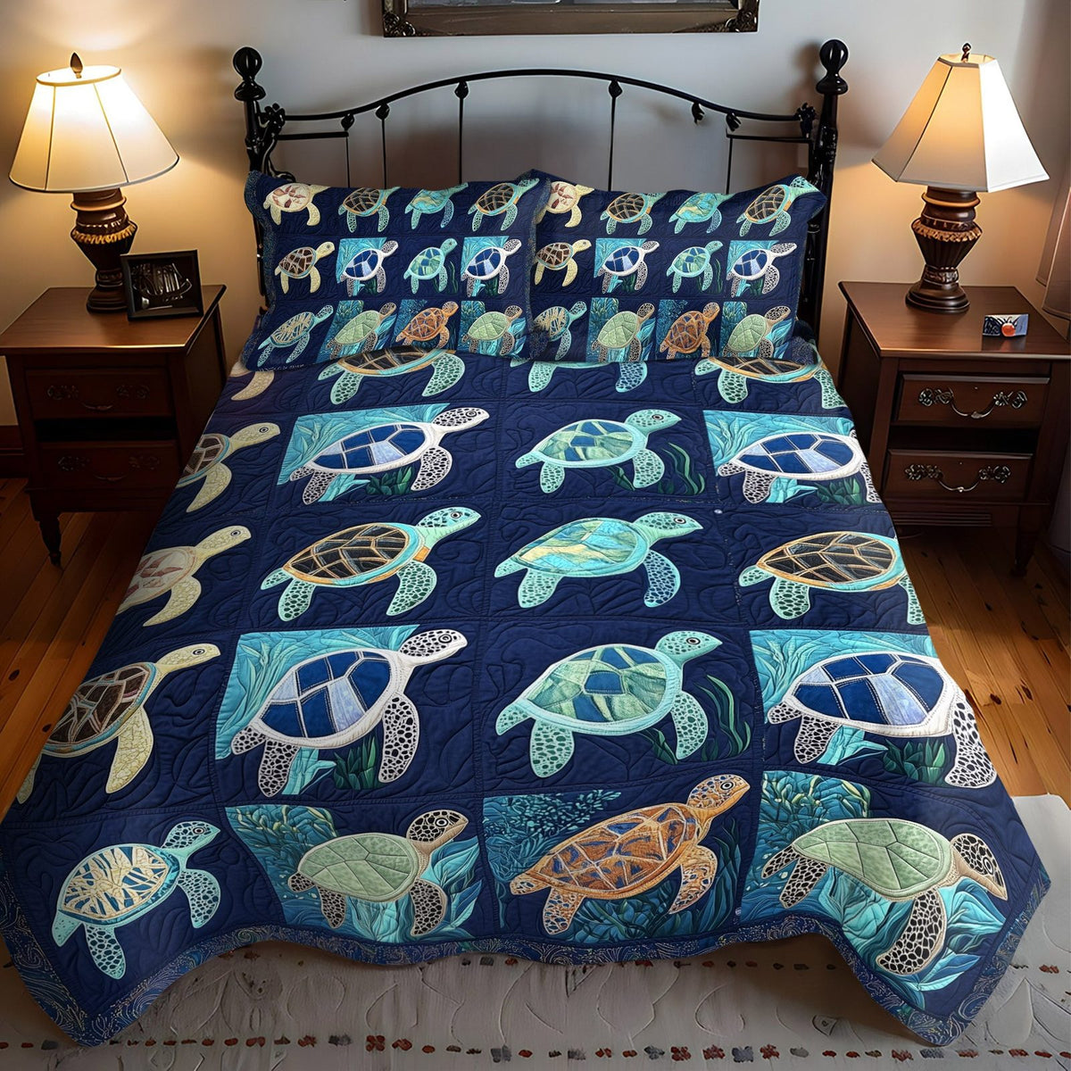 Ocean Turtle Journey quilted 3-piece bedding set on a made bed in a light coastal bedroom
