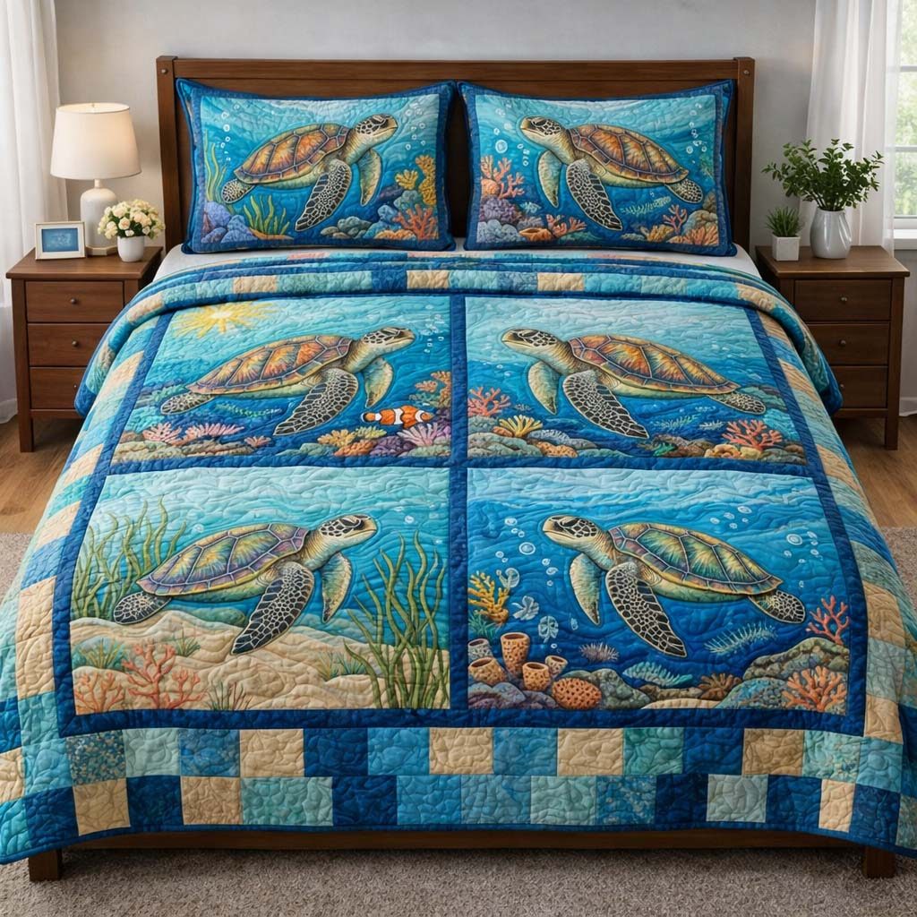 Ocean Turtle quilted 3-piece bedding set on a made bed in a light coastal bedroom