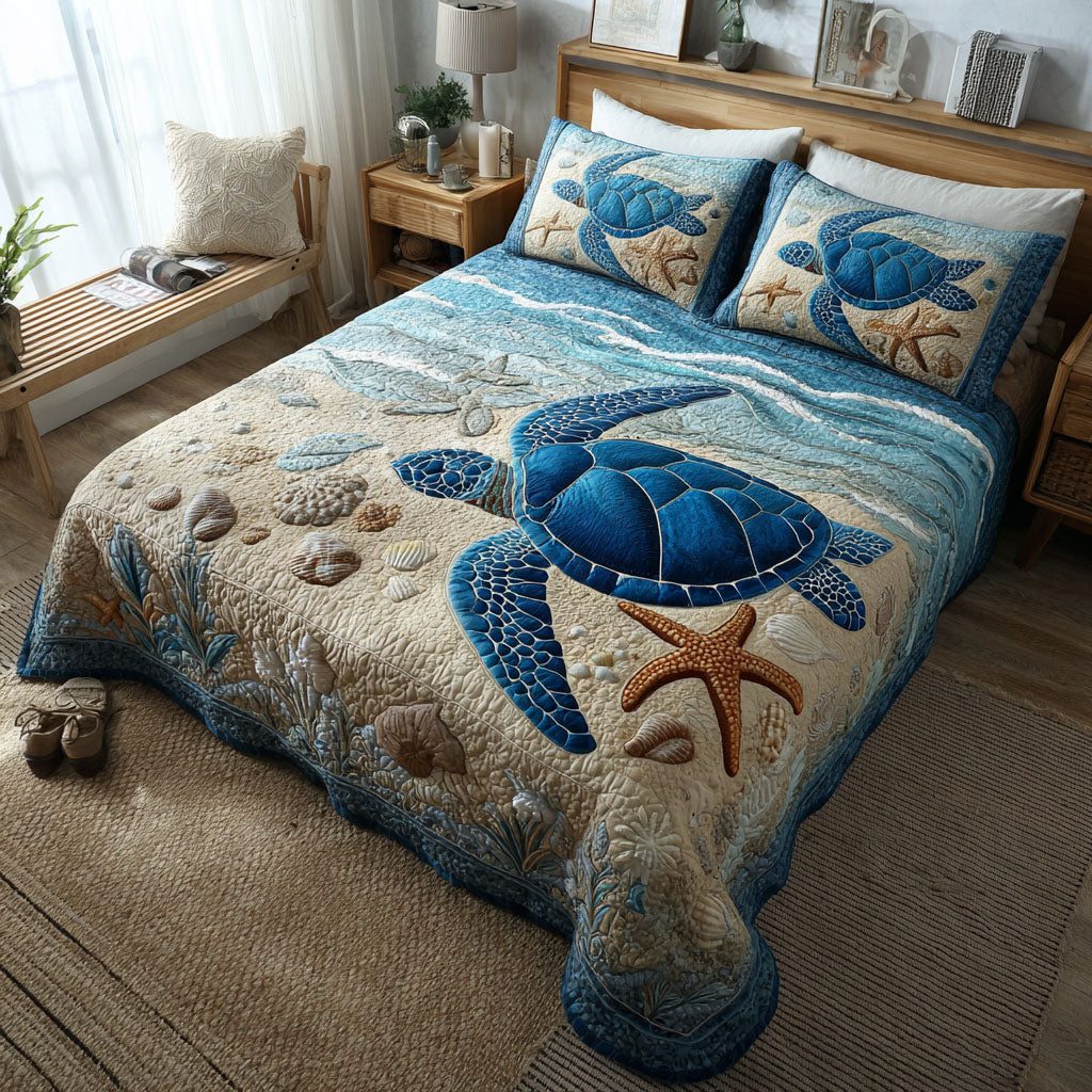 Ocean Turtle quilted 3-piece bedding set on a made bed in a light coastal bedroom