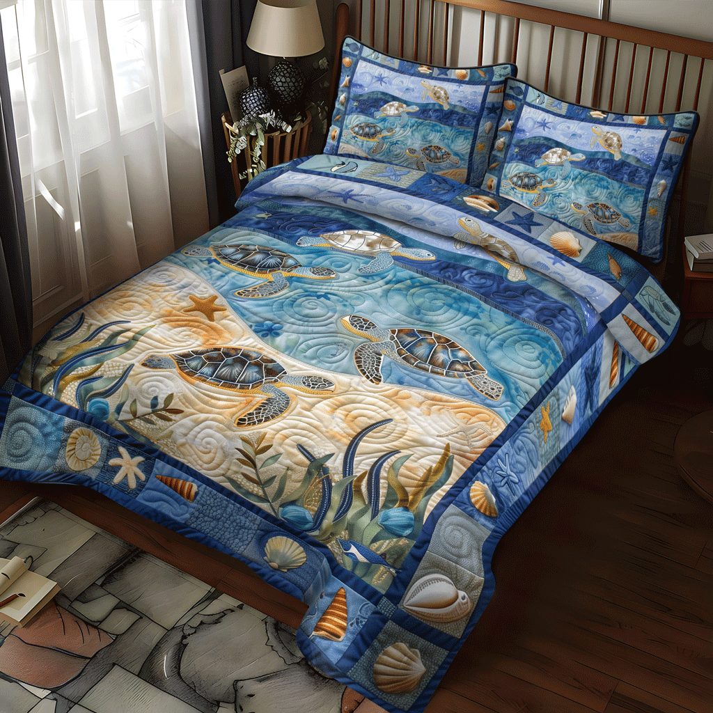 Ocean Turtle quilted 3-piece bedding set on a made bed in a light coastal bedroom