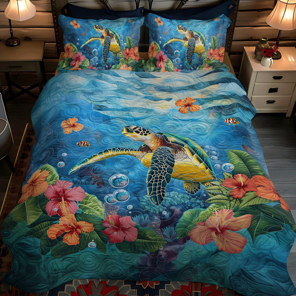 Ocean Turtle quilted 3-piece bedding set on a made bed in a light coastal bedroom