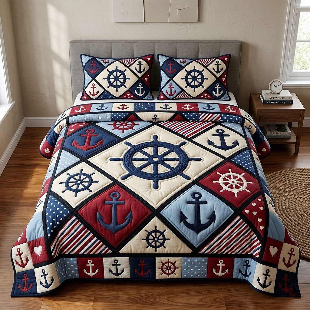 Ocean Voyage quilted 3-piece bedding set on a made bed in a light coastal bedroom