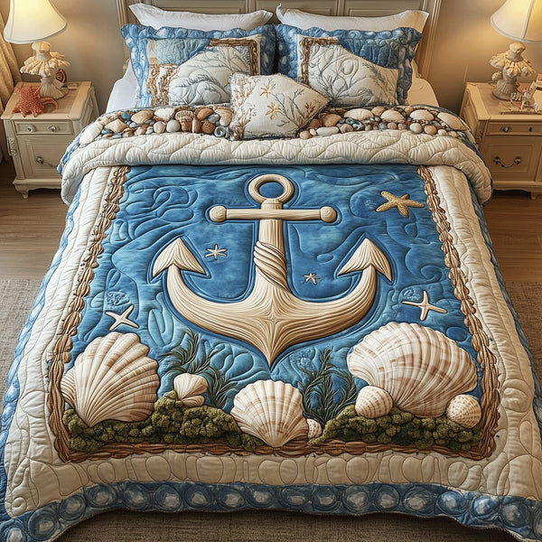 Ocean Voyage quilted 3-piece bedding set on a made bed in a light coastal bedroom