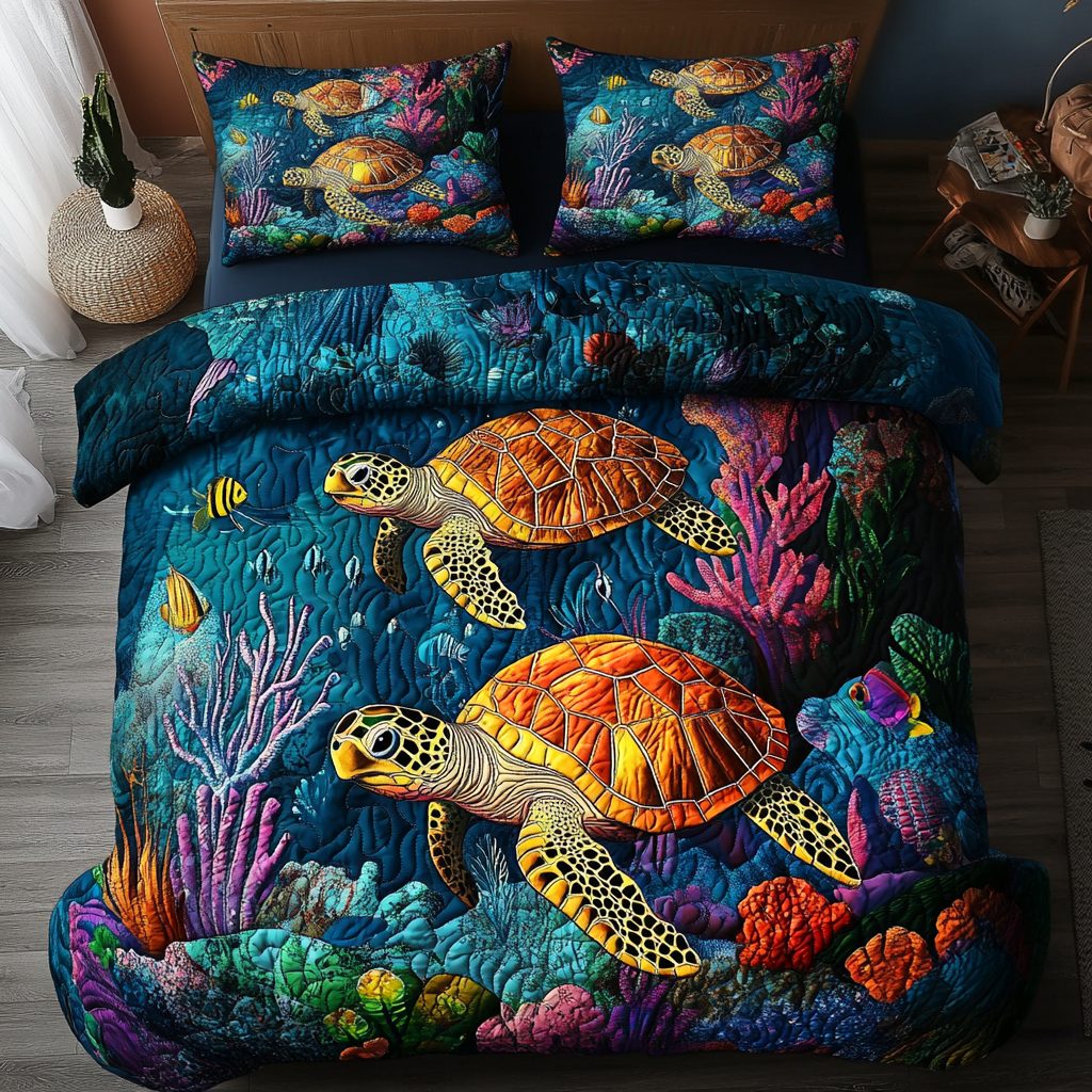 Ocean Wanderer quilted 3-piece bedding set on a made bed in a light coastal bedroom