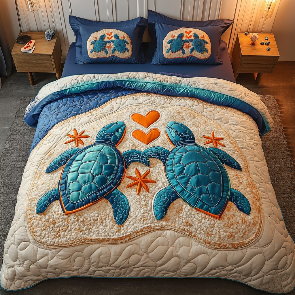 Ocean Wanderer quilted 3-piece bedding set on a made bed in a light coastal bedroom