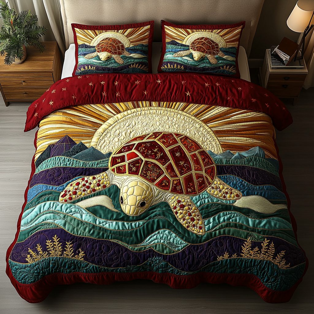 Ocean Wanderer quilted 3-piece bedding set on a made bed in a light coastal bedroom