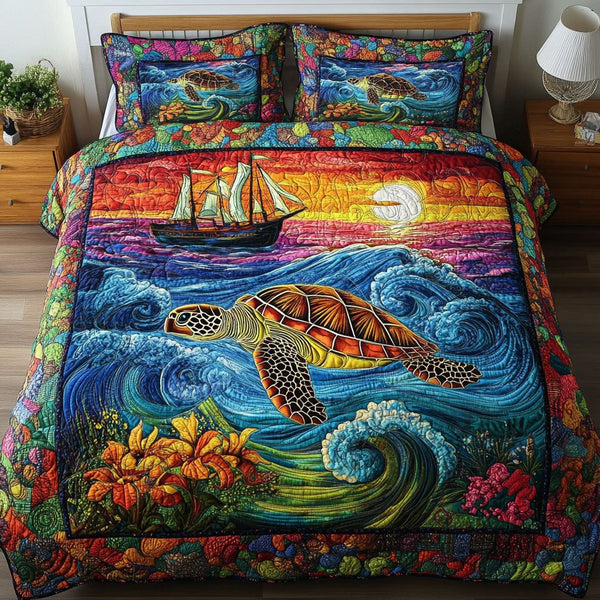 Ocean Wanderer quilted 3-piece bedding set on a made bed in a light coastal bedroom