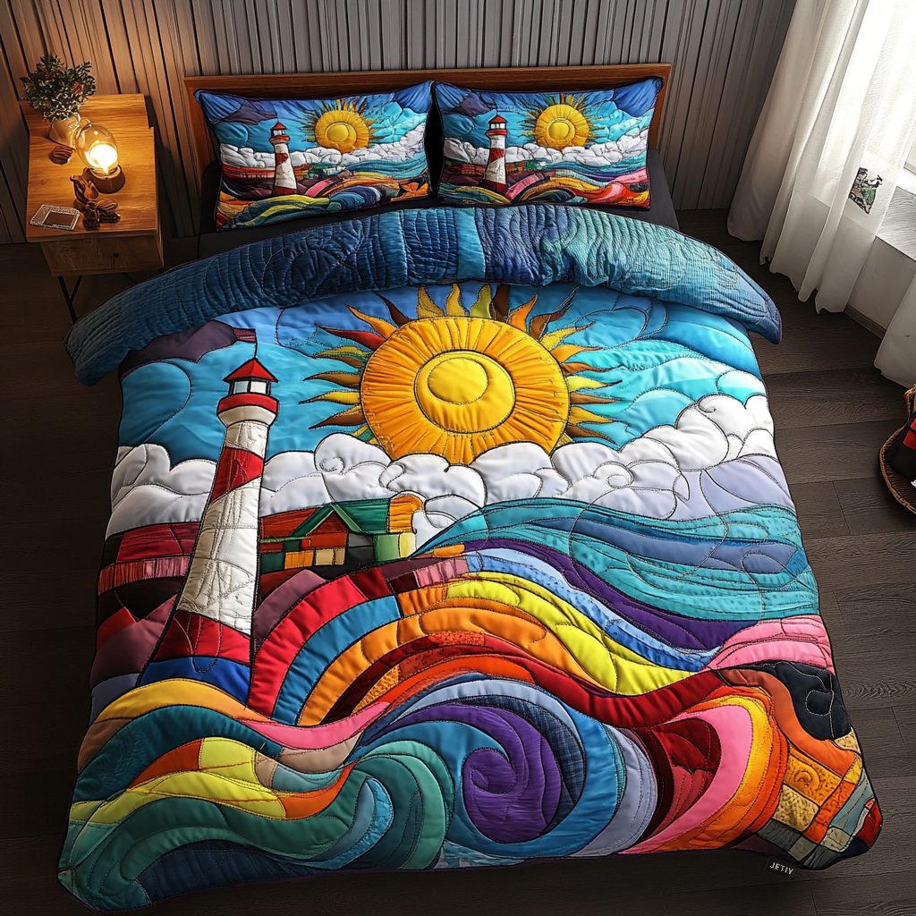 Ocean Watch quilted 3-piece bedding set on a made bed in a light coastal bedroom