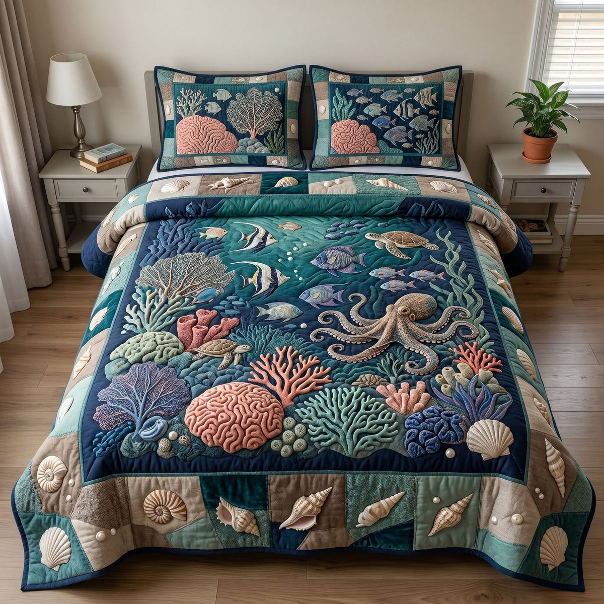 Ocean Wave quilted 3-piece bedding set on a made bed in a light coastal bedroom