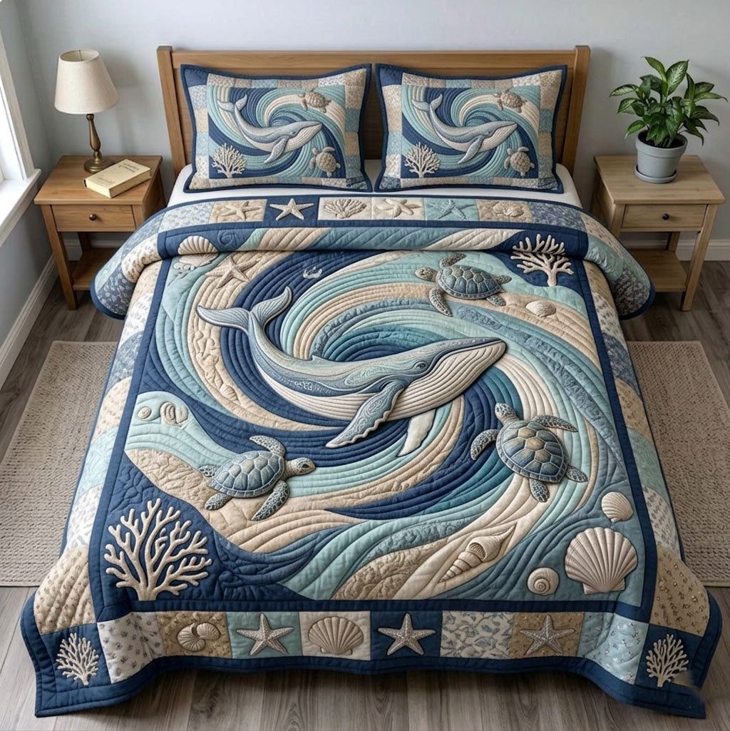 Ocean Wave quilted 3-piece bedding set on a made bed in a light coastal bedroom