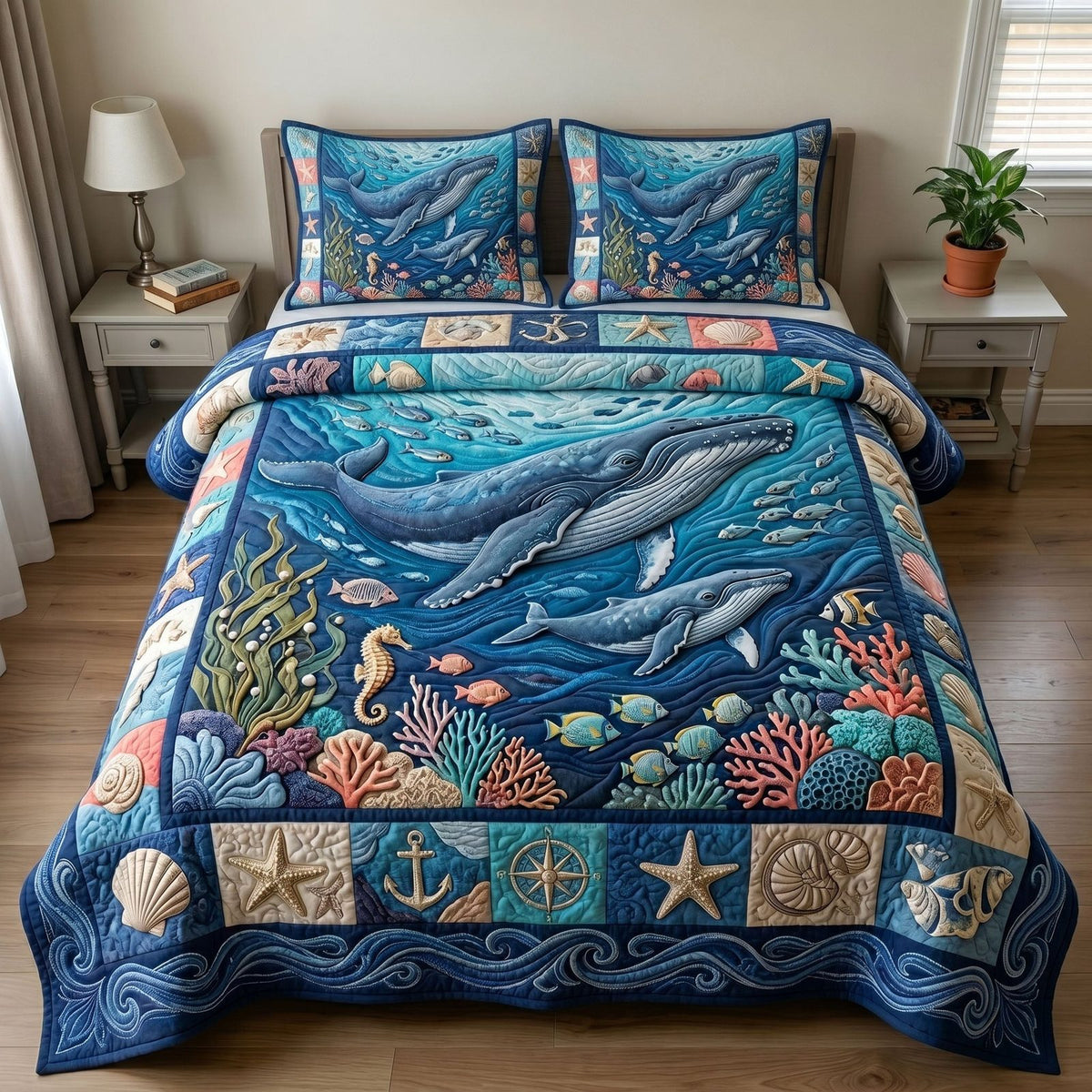 Ocean Wave quilted 3-piece bedding set on a made bed in a light coastal bedroom