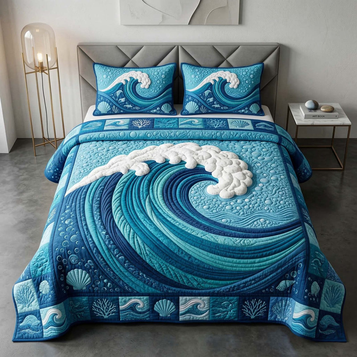 Ocean Wave quilted 3-piece bedding set on a made bed in a light coastal bedroom