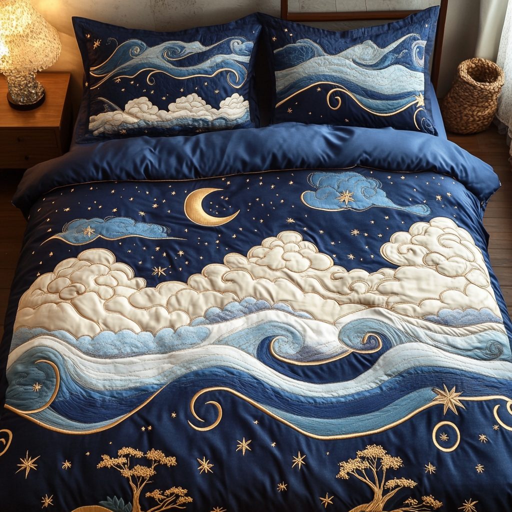 Ocean Waves quilted 3-piece bedding set on a made bed in a light coastal bedroom