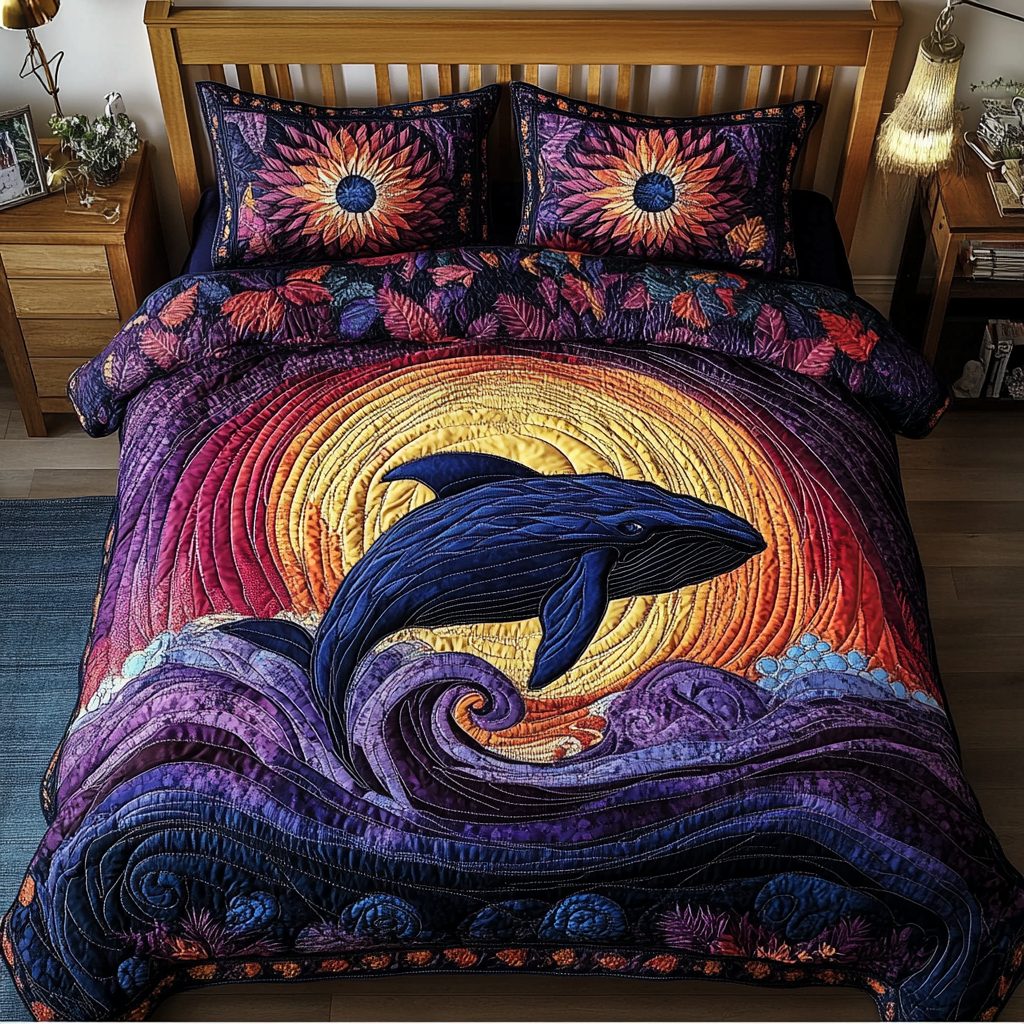 Ocean Whale quilted 3-piece bedding set on a made bed in a light coastal bedroom