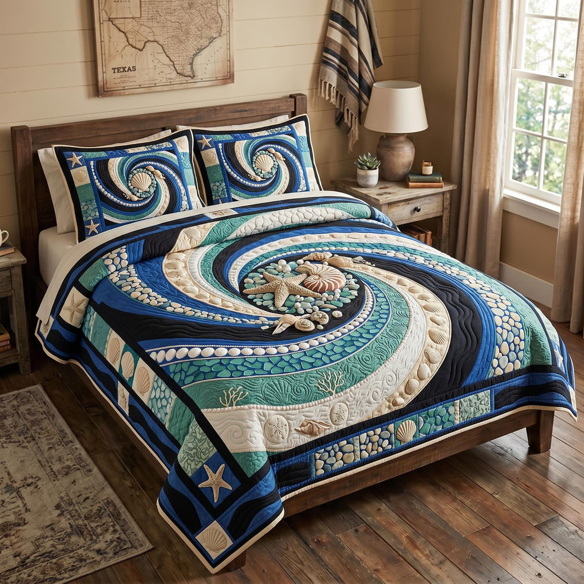 Ocean Whisper quilted 3-piece bedding set on a made bed in a light coastal bedroom