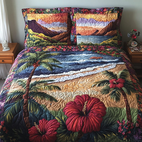 Ocean Whisper quilted 3-piece bedding set on a made bed in a light coastal bedroom