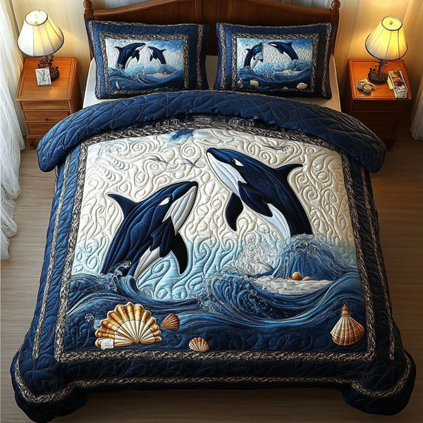 Ocean Whisperers quilted 3-piece bedding set on a made bed in a light coastal bedroom
