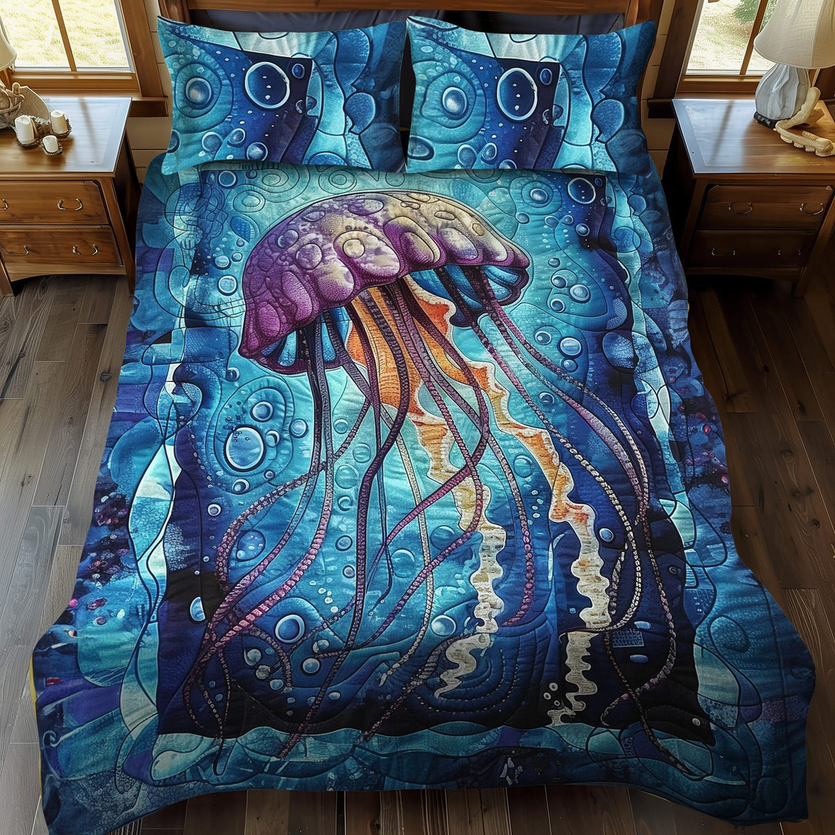 Ocean Whispers quilted 3-piece bedding set on a made bed in a light coastal bedroom
