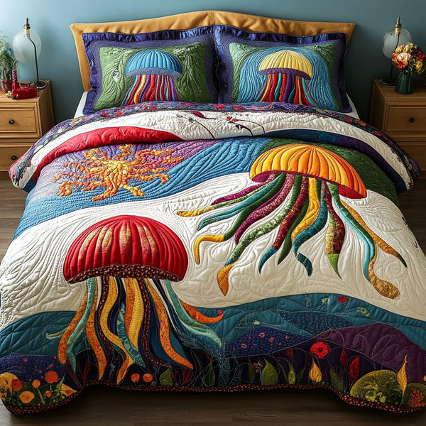 Ocean Whispers quilted 3-piece bedding set on a made bed in a light coastal bedroom