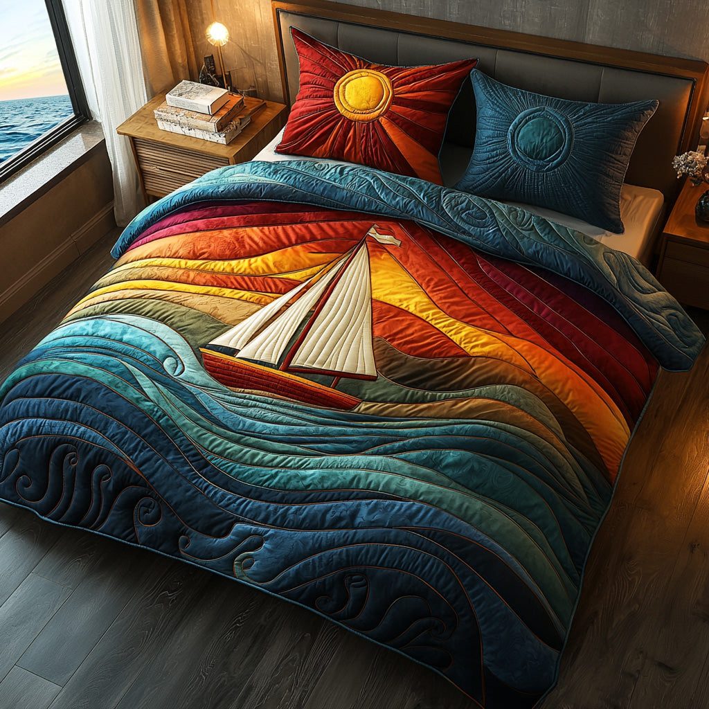 Ocean Whispers quilted 3-piece bedding set on a made bed in a light coastal bedroom